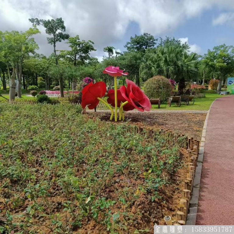 不銹鋼仿真玫瑰花雕塑，公園花朵雕塑4